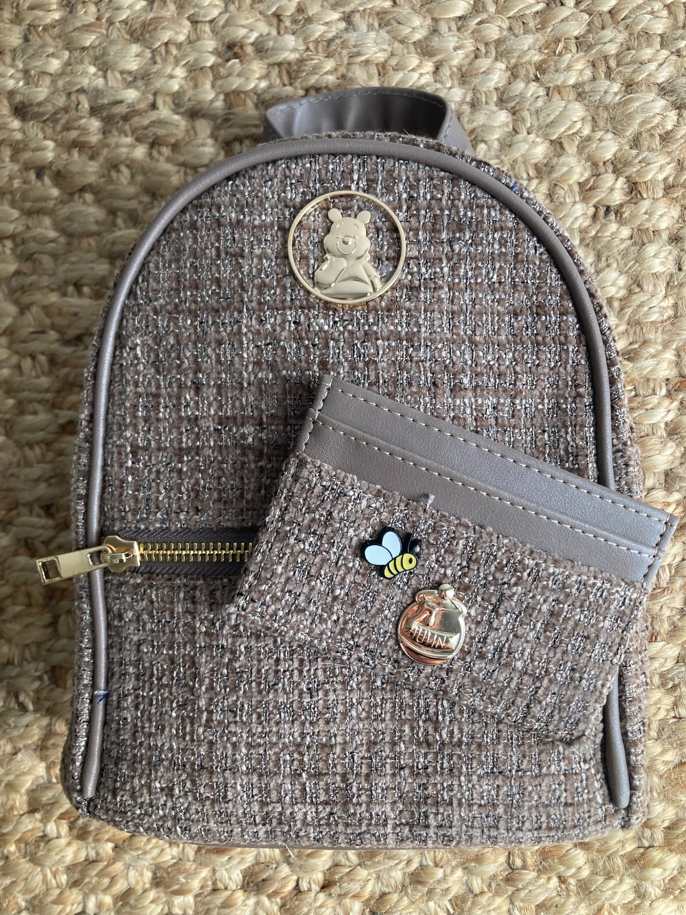 New: Disney Winnie the Pooh Tweed Mini Backpack with matching Card Wallet